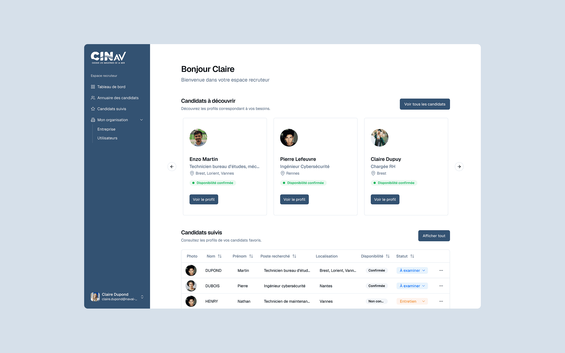 The recruiter dashboard in CINav: a side menu, a personalised welcome, a carousel of profiles to discover, and a table of tracked candidates.