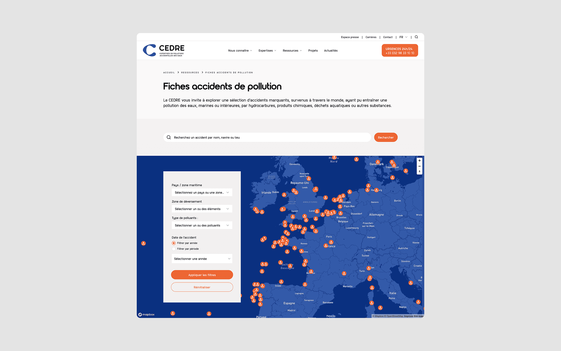 The interactive map of pollution incidents: criteria-based search next to the browsable map.