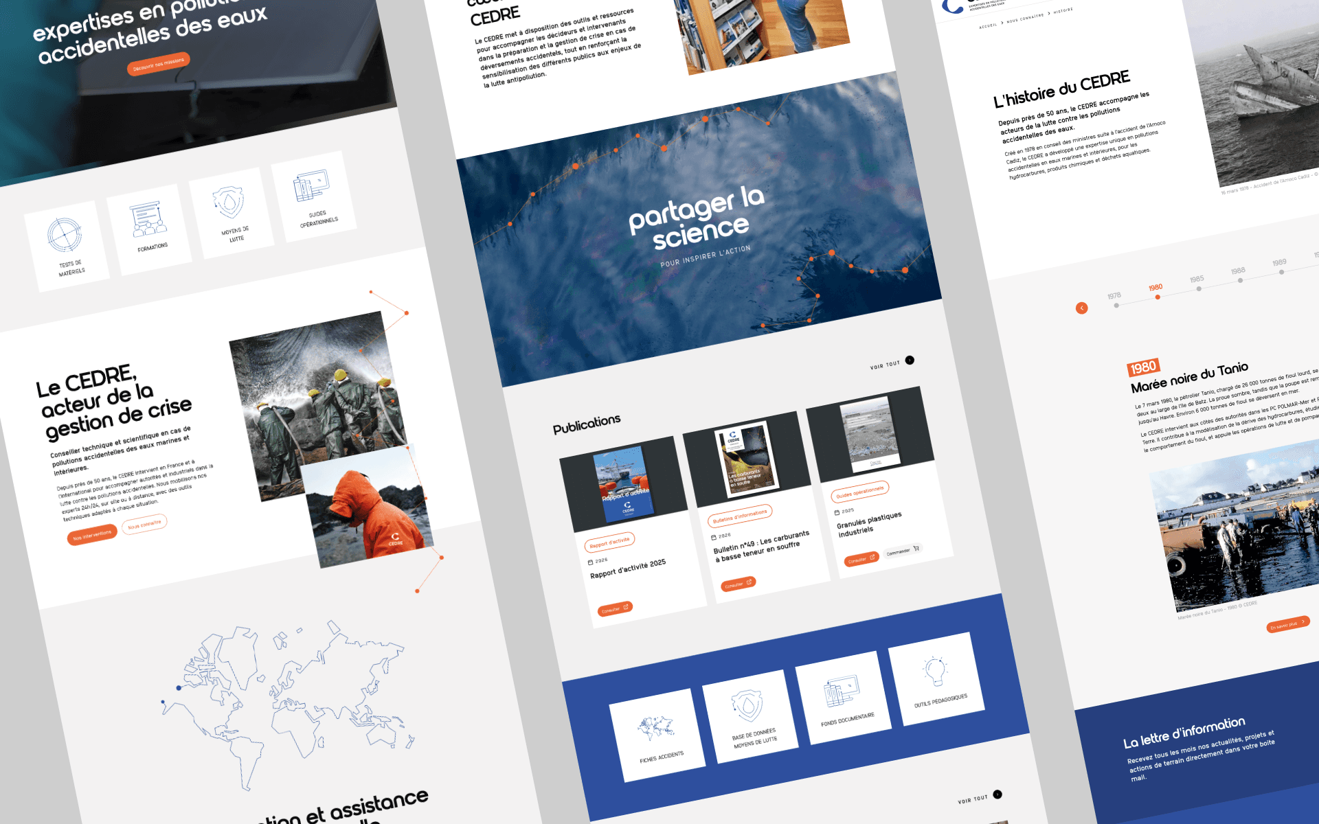 Mockups of the CEDRE home page and main navigation, on desktop and mobile.
