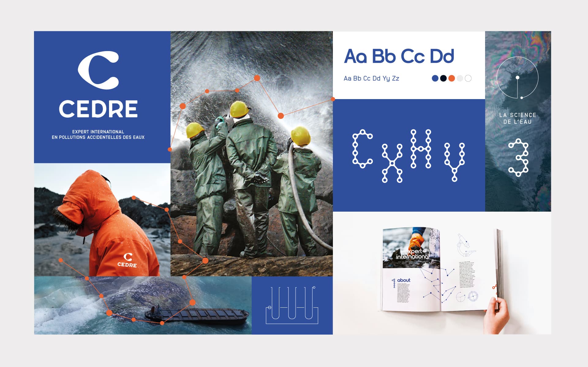 The moodboard for CEDRE's new identity: palette, typefaces and applications across printed material.