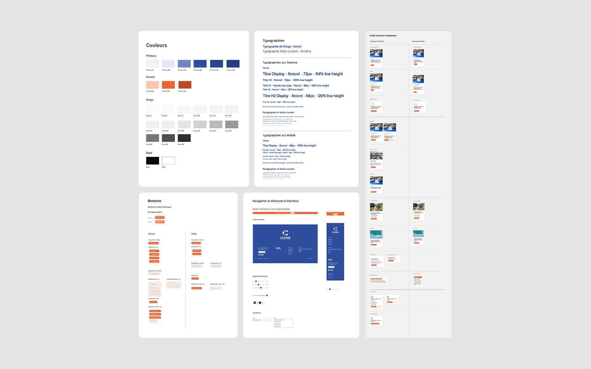 CEDRE's interface system: colour palette, typographic hierarchy, buttons and components.