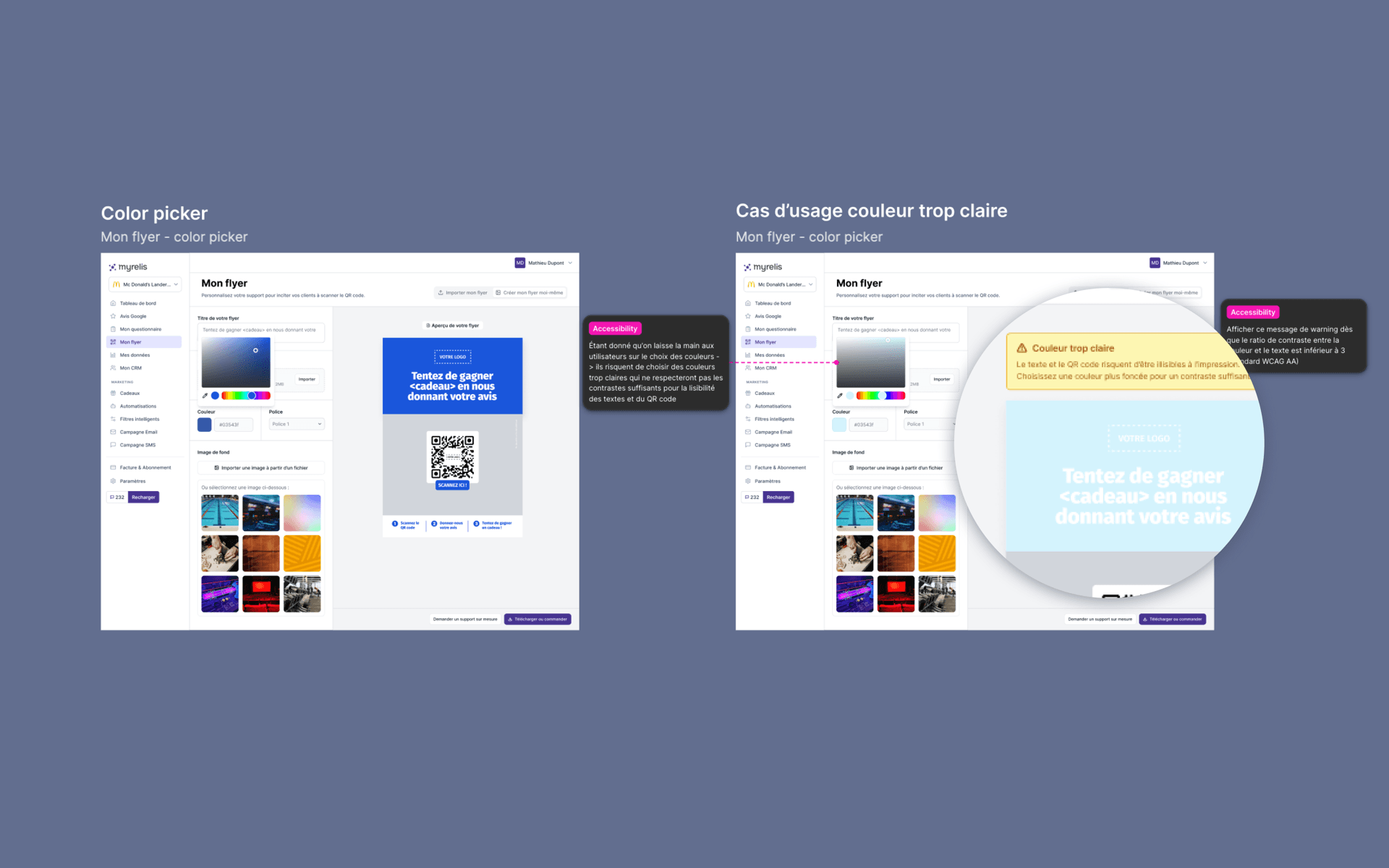 Two annotated specification screens: on the left the colour picker open inside the “My flyer” editor, on the right the same screen with a colour that is too light, where a magnifier enlarges the warning banner about text and QR code risking illegibility in print.