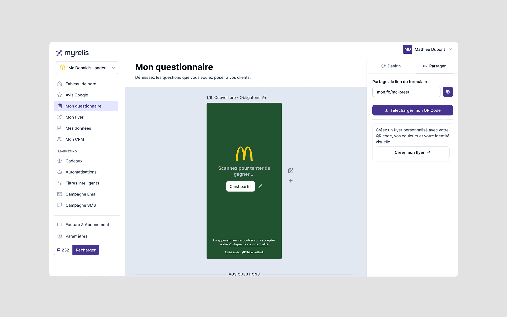 The “My survey” screen in Myrelis after the redesign: “My flyer” now has its own entry in the side menu, and the right-hand panel offers two ways out - download the QR code, or create a custom flyer.