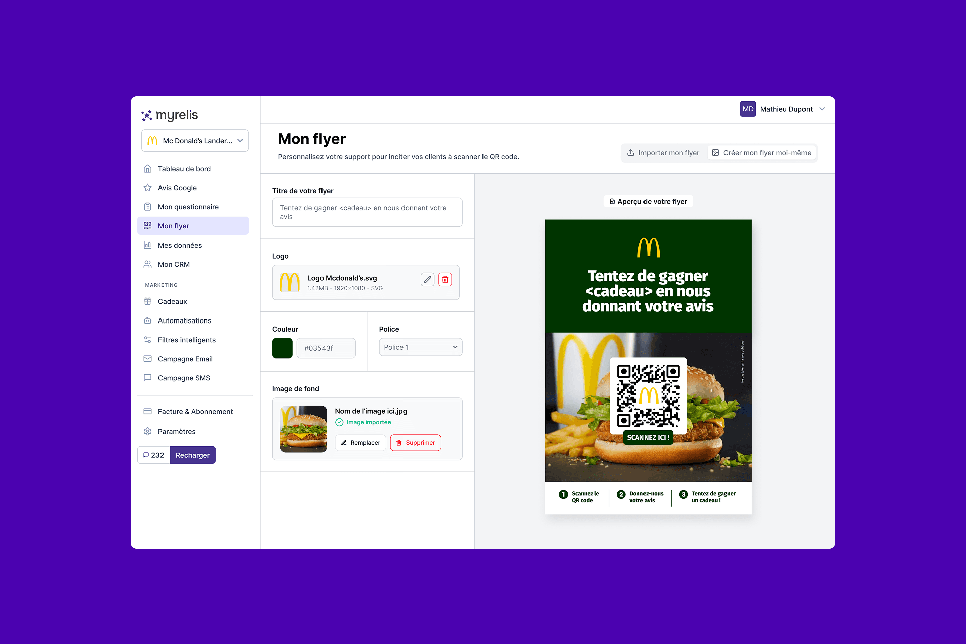 The “My flyer” screen in Myrelis: the editing panel on the left (title, logo, colour, typeface, background image), the flyer preview and its QR code on the right.