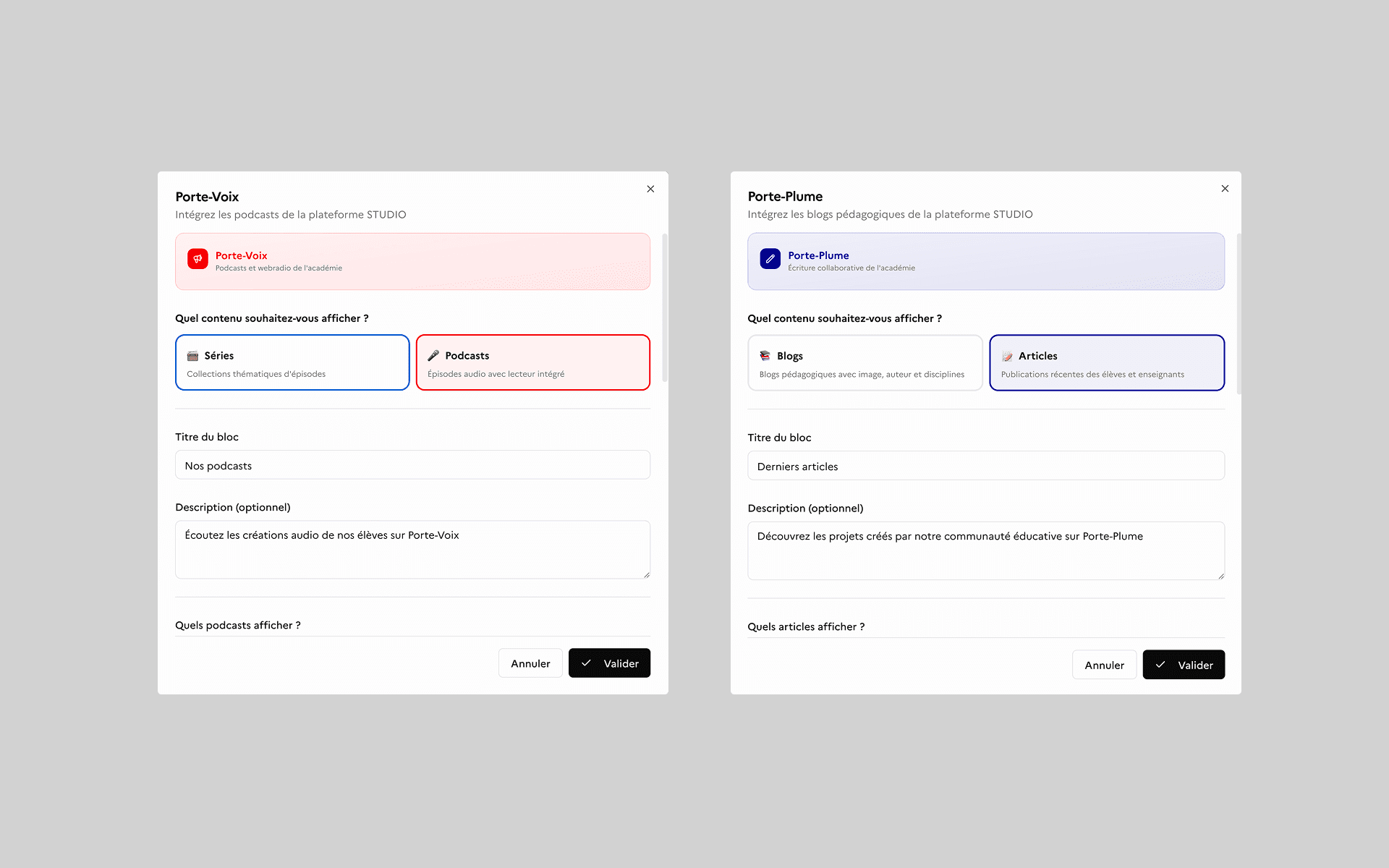 The settings dialogs for the two blocks, side by side: Porte-Voix, for showing the education authority's series or podcasts, and Porte-Plume, for its teaching blogs or articles by students and teachers. Both offer the same controls - content type, block title, description, and which items to display.