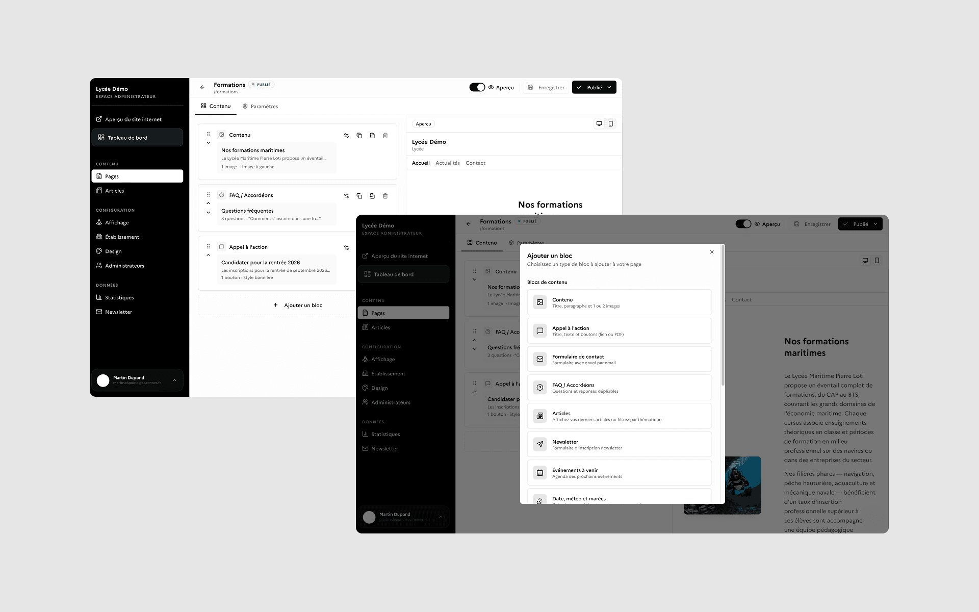 A high school's page editor, shown as two overlapping screens: on the left the blocks that make up the page - content, FAQ, call to action - stacked and draggable, with a live preview on the right; in the foreground, the “Add a block” dialog and its list of available types, from contact form to events calendar.