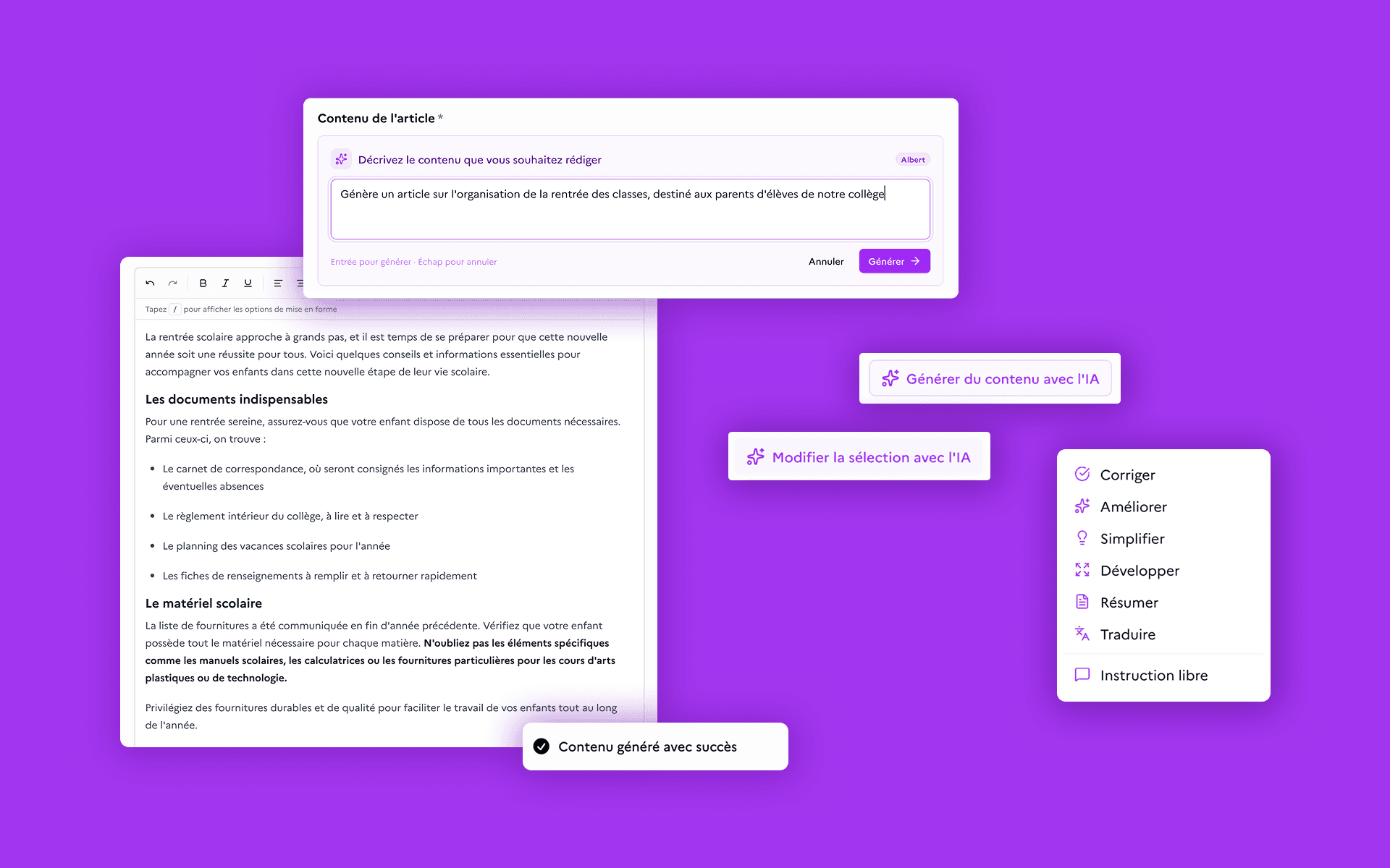 The editor's AI features gathered in one view: the Albert prompt field, which drafts an article from a one-sentence brief, the “Generate content with AI” and “Edit selection with AI” entry points, and the menu of actions on a passage - correct, improve, simplify, expand, summarise, translate, or give a free instruction.