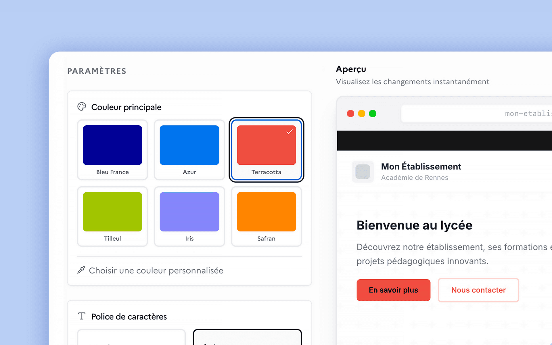 The site's customisation settings: primary colour, typeface, corner radius and background pattern, with the preview showing their effect on the components.