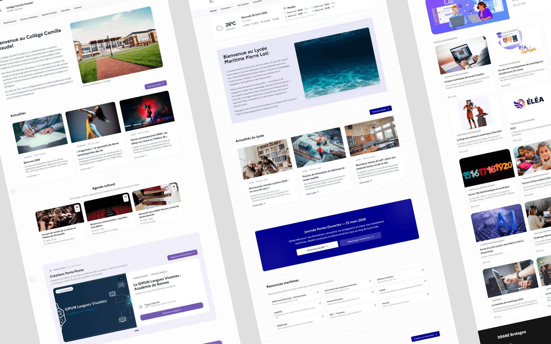 Three sites built with Sites Studio, side by side: a middle school, with its news, cultural calendar and Porte-Plume creations; a maritime high school, with its weather and tides, open day and industry resources; and a DRANE site focused on teaching resources.