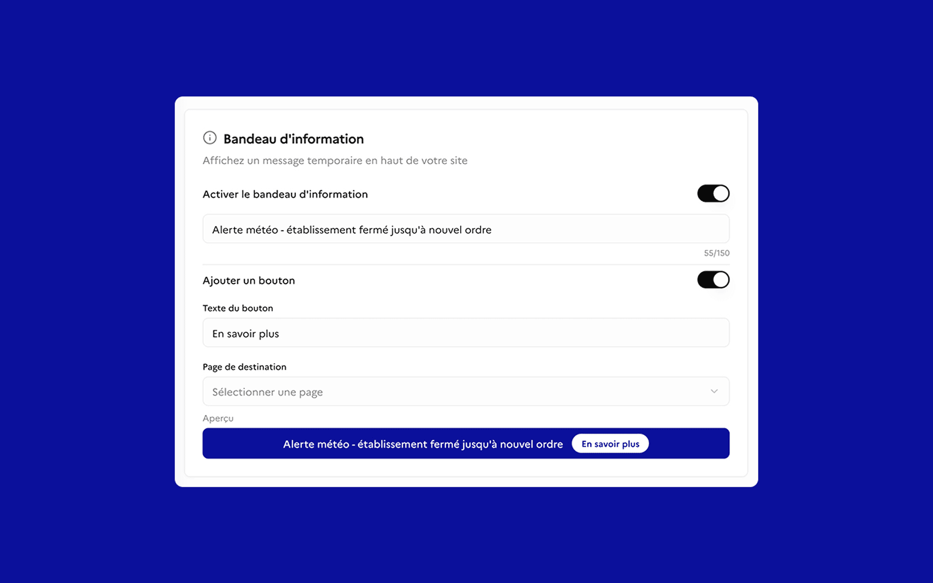 The information banner settings in the back-office: the on/off switch, the message “Weather alert - school closed until further notice”, the optional button and its destination page, then a preview of the banner as it will appear at the top of the site.