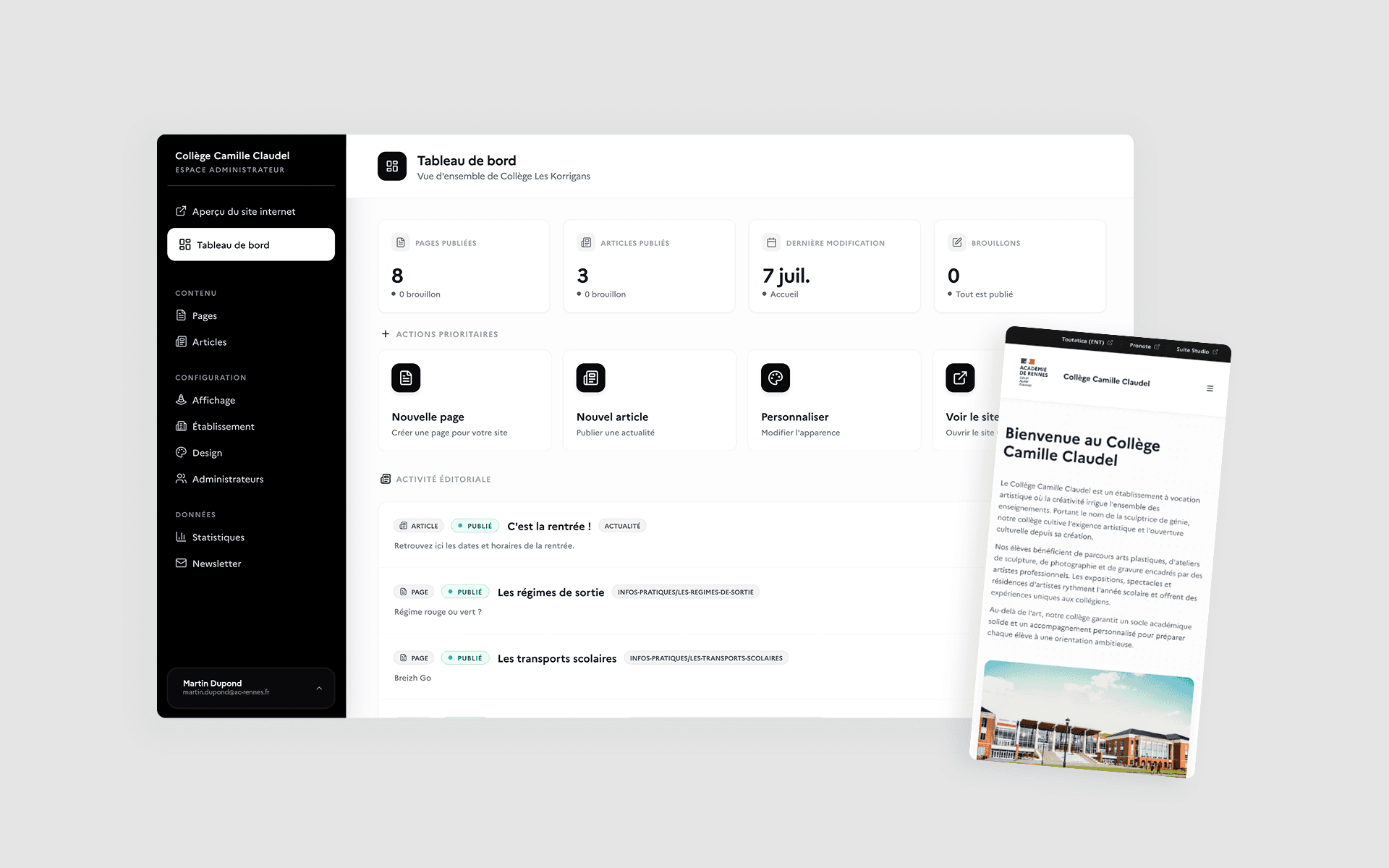The Sites Studio back-office and the website it produces: on the left, a school's dashboard - published pages and articles, quick actions, editorial activity; on the right, on mobile, the site's home page as the public sees it.