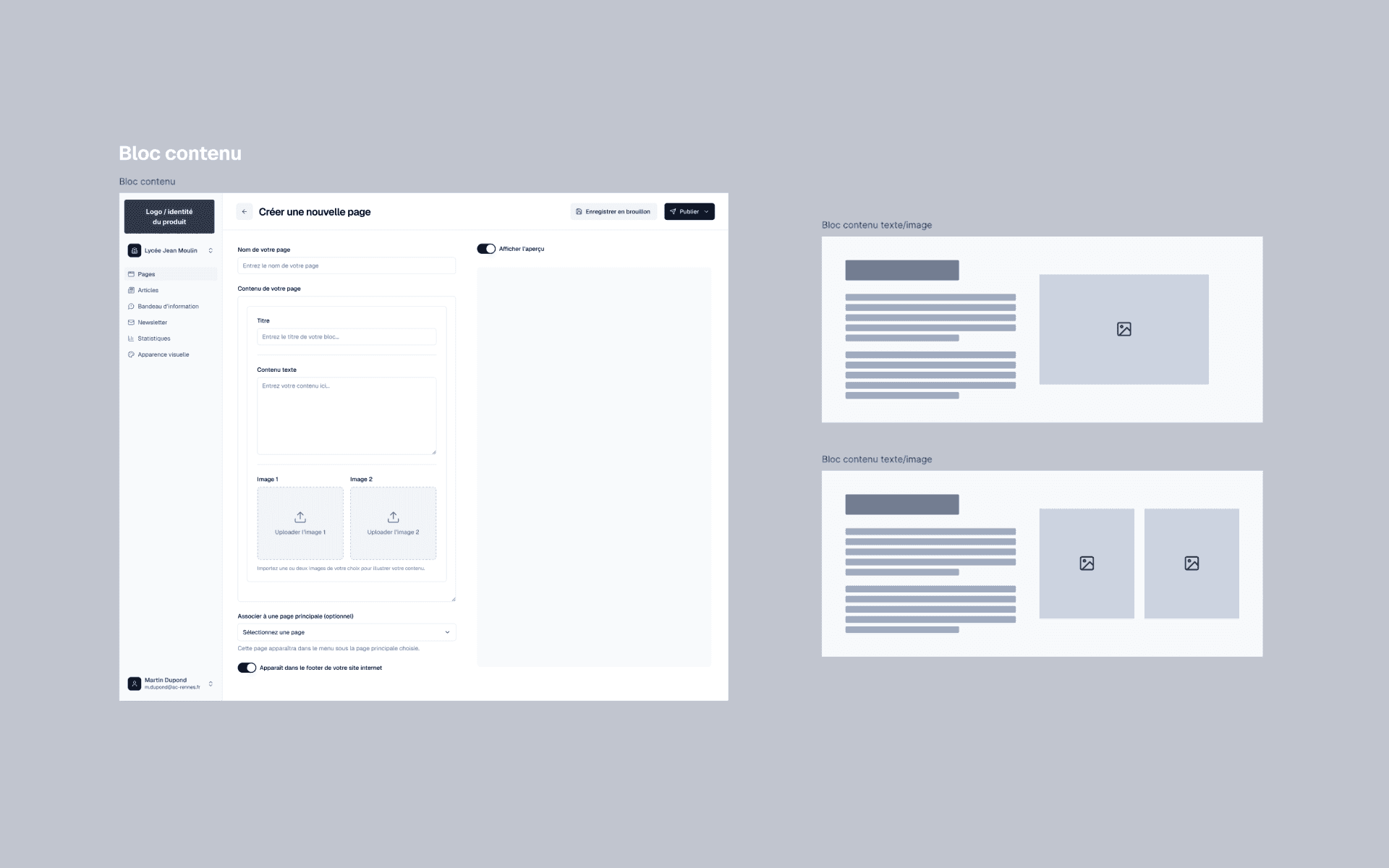 First wireframes of the product: how pages and sub-pages are organised, and the content block system.